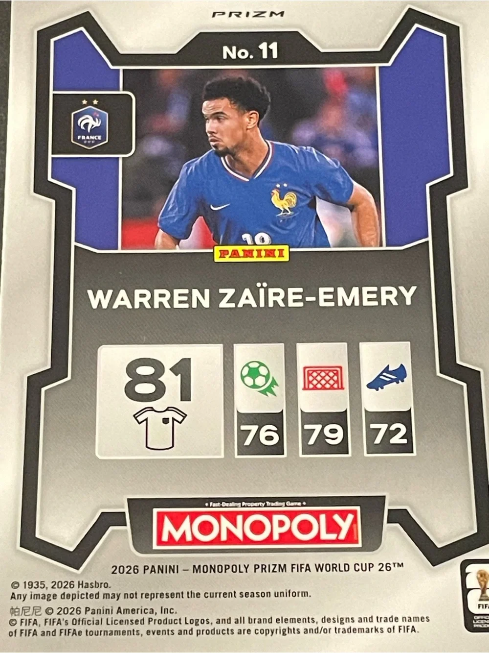 Warren Zaire Emery 2026 Prizm Monopoly World Cup Sparkle Pink Prizm France Card